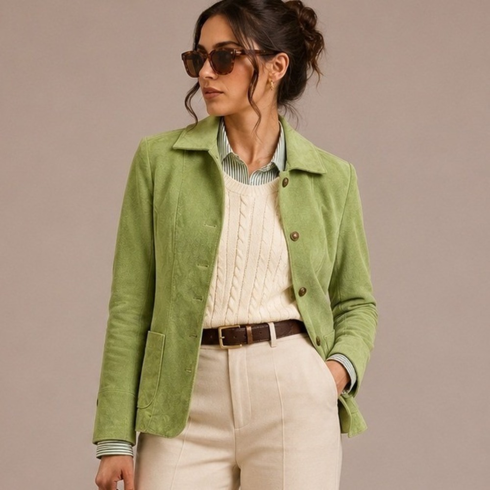 Green Leather Suede Jacket Lightweight Small Y2K Chartreuse Minimalism Preppy